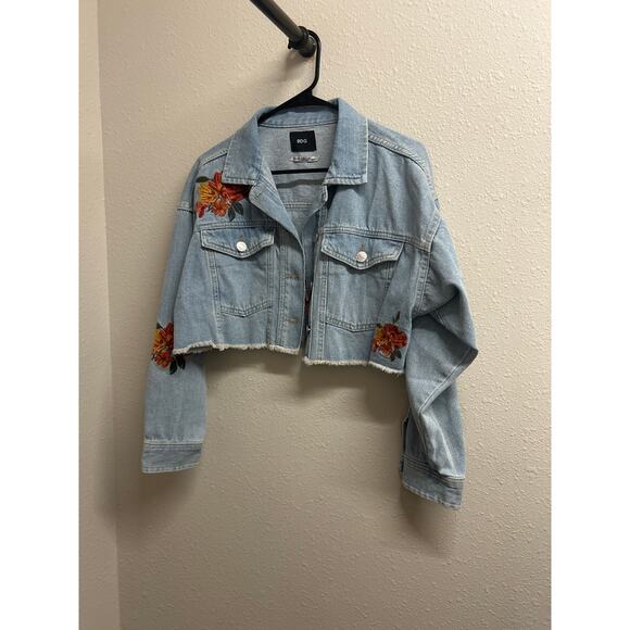 BDG Jackets & Blazers - BDG urban outfitters cropped denim jacket floral embroidery jean jacket raw hem